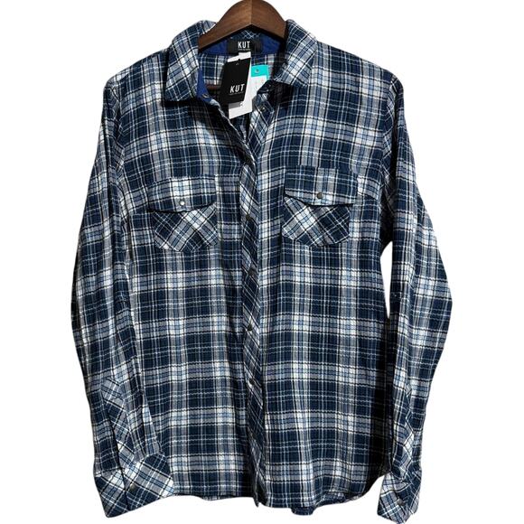 NWT KUT From the Kloth Blue and White Boylen Relaxed Snap Front Woven Top Small - Picture 1 of 10